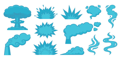 Set of blue cartoon smoke explosion and blast vector icons for comic book action design element collection © GraphixEra
