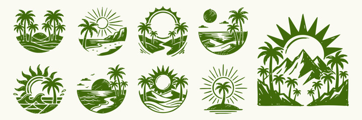 Fototapeta premium Tropical Beach Logo Icons Set Vector, Hand Drawn Sketch Palm Tree Badges Pack, Sun Mountain Ocean Wave Vintage Emblem, Summer Nature Style Graphic Design Elements Collection