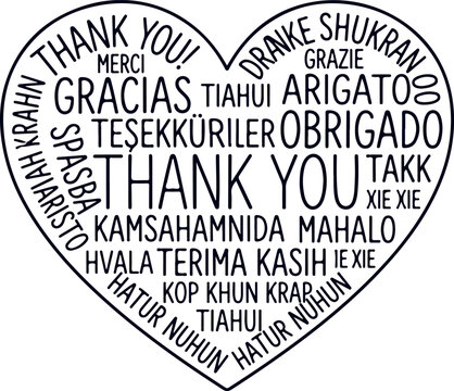 Heart shape filled with thank you messages in many different languages gratitude expression word cloud typography graphic.