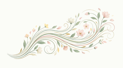 Fototapeta premium Elegant floral swirl composition with soft pastel flowers and leaves