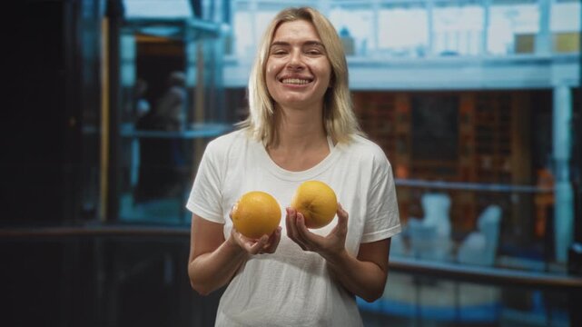 Woman holding two oranges in bare hands, smiling and tilting head in a bright building atrium wearing a white t shirt; playful joy.
