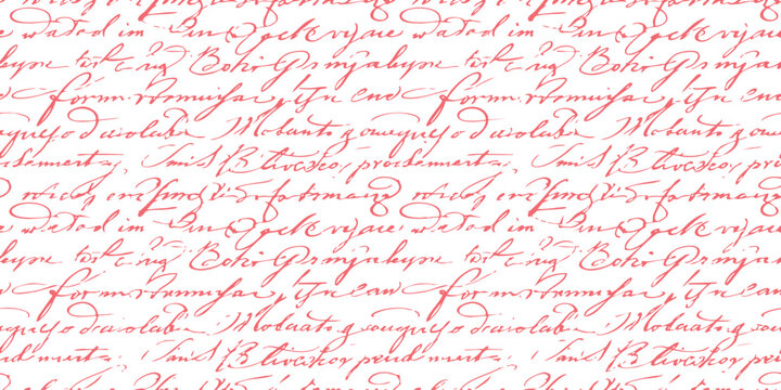 Seamless pattern with hand written cursive calligraphy text in pink and black ink on a simple textured paper