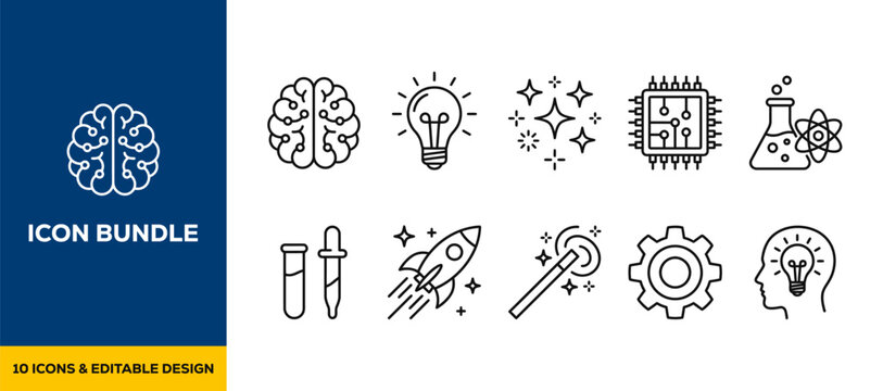 Hand drawn creativity and biotech icons with brain magic wand rocket and dna symbols flat vector illustration icon bundle set high resolution