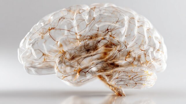 A transparent model of a human brain with visible neural connections on a white background