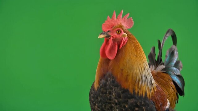 Beautiful Domestic Rooster Proudly Looking Around Profile View Close Up on Chroma Key Green Screen