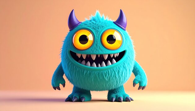 Cute Cartoon Monster with Blue Fur and Horns Smiling Happily on a Peach Background.
