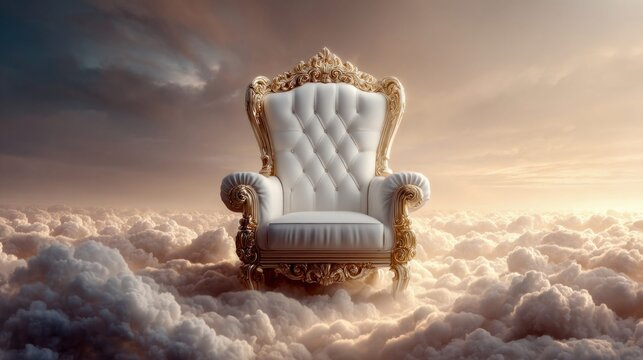 Ornate white throne chair resting on a sea of clouds with dramatic sky background