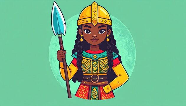 Cartoon depiction of a strong African warrior woman holding a spear, ready for battle.