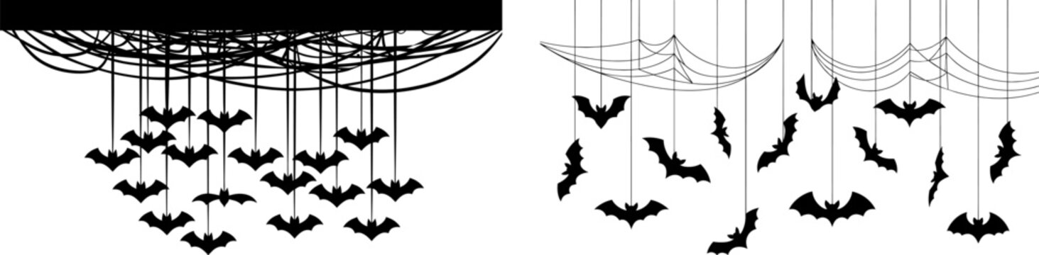 Black halloween bat and spider web hanging decoration banner set with spooky flying bats and cobweb for horror and halloween party design