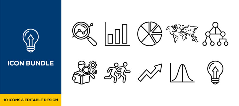 Hand drawn business analytics icons featuring magnifying glass bar charts pie chart and world map flat vector illustration icon bundle set high resolution