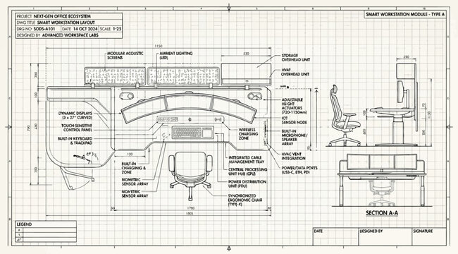 Technical drawing of a modern ergonomic workstation desk with dimensions and side views