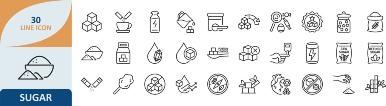 Set of sugar production and manufacturing line icons with production refinery manufacturing industry processing sweetener agriculture crushing extraction purification crystallization