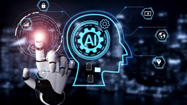 Futuristic AI Interface with Robotic Hand Touching Digital Icons and Symbols for Technology, Innovation, and Automation Concepts in Modern Society Gluon.