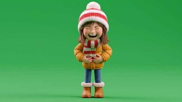3D Animated Cute Girl in Winter Clothing Laughing Out Loud Holding Stomach, Funny Reaction, Green Screen, Seamless Loop.