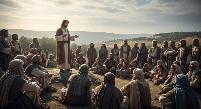 Jesus Christ preaching to a large crowd of people in a serene natural landscape setting outdoors