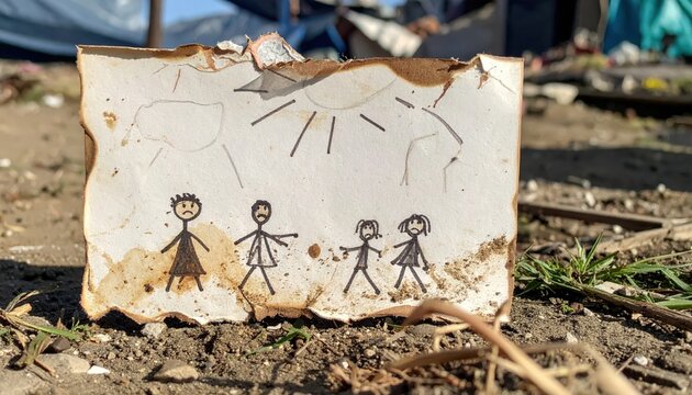 Torn child's drawing of sun and stick figures found on the ground