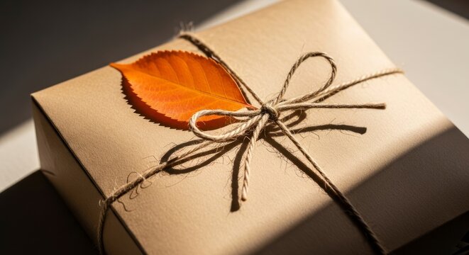 An Autumn Leaf Adorns a Rustic Gift Box in Warm Sunlight