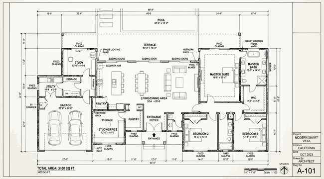 Detailed architectural floor plan of a modern smart villa with garage and master suite