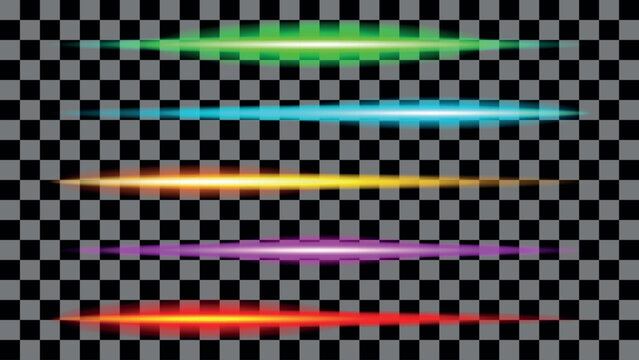Neon light leak rays vector set on checkerboard background. Gradient mesh horizontal flares bundle with asymmetrical laser glow effect. Iridescent futuristic design elements EPS.