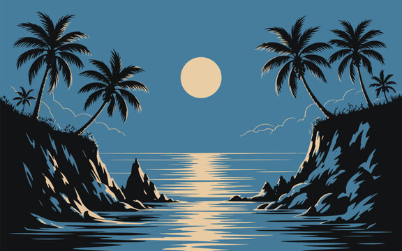 Serene tropical moonlit beach night scene with palm trees and calm ocean reflection moonlight tropical seascape landscape tranquil reflection vacation paradise serenity silhouette