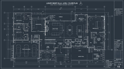 Architectural floor plan of a luxury smart villa, level 1 blueprint © Siam