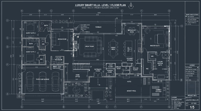 Architectural floor plan of a luxury smart villa, level 1 blueprint