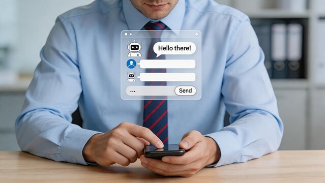 Man in shirt and tie using smartphone with chatbot conversation interface floating above, artificial intelligence customer service, automated support, digital assistant, mobile