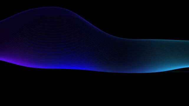 Abstract blue and purple flowing wave line animation on black background, dynamic digital motion graphics, elegant futuristic energy flow, seamless loop.