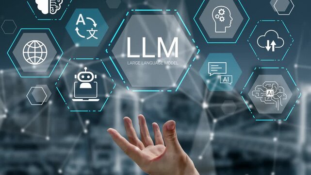 Visual representation of technology and artificial intelligence concepts with hand reaching towards icons of language models, data processing, and neural networks Gluon.