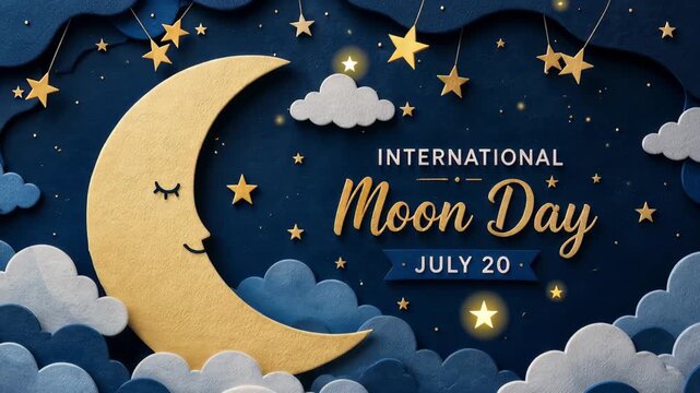 Paper craft crescent moon with stars and clouds for International Moon Day celebration on July 20. Festive graphic art showcasing celestial night sky background.