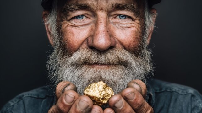 A weathered prospector proudly displays a large gold nugget in his hands