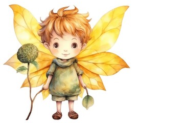 Fototapeta premium Cute sunflower boy fairy plant leaf representation.