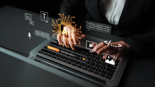 Hands typing on laptop with glowing AI icons, technology concept, digital transformation, innovation, modern workspace, artificial intelligence visuals Gluon.