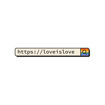 Retro computer search bar with rainbow icon and is slogan isolated on white background. Vintage 90s web browser address bar. UI element for LGBT pride month celebration and digital marketing