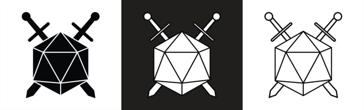 Crossed swords icon with 20-sided dice / d20 or 20d for apps and websites. vector illustration
