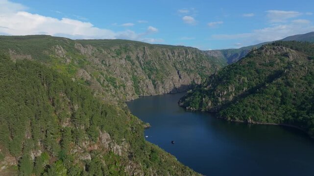 Santo Estevo Reservoir On The Sil River In The Ribeira Sacra Region In Galicia, Spain. Aerial Shot