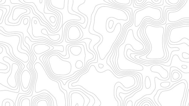 Abstract topographic map background with slowly moving wavy lines representing elevation layers in white monochrome style for geographic concepts and cartographic data visualization or design projects