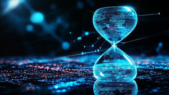 Glowing digital hourglass made of blue light particles floating above a dark abstract circuit board