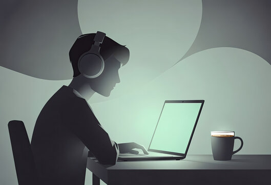 Person Using Laptop With Headphones at Modern Desk Illustration