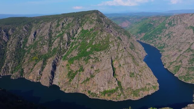 River Cliffs Of Sil Canyon (Ca&ntilde;&oacute;n do Sil) From Vilouxe Viewpoint In Galicia, Spain. Aerial Drone Shot