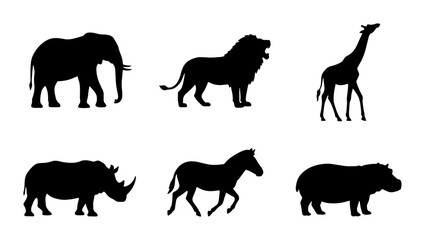 African Wildlife Silhouettes: Elephant, Lion, Giraffe, Rhino, Zebra, Hippo Icons © Sohana