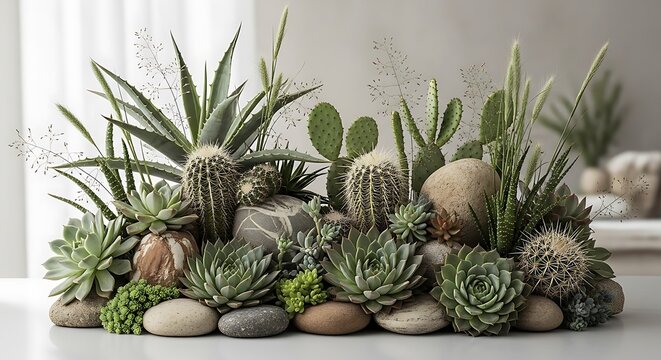 A beautiful arrangement of green desert cactus and succulent plants growing among smooth grey river stones. desert botanical mix