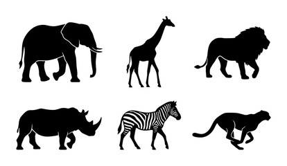 African Wildlife Silhouettes: Elephant, Giraffe, Lion, Rhino, Zebra, Cheetah Vector Icons © Jalal