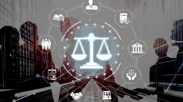 Digital Justice Concept with Scales of Justice, Legal Icons, and Diverse Professionals in Law and Technology Background Sigmoid