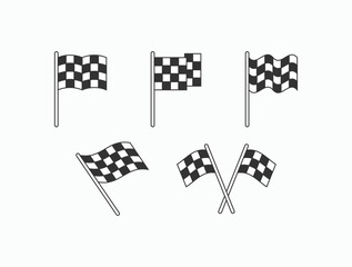 Obraz premium Five checkered flags in black and white designs. Flags flutter in various angles and positions. Simple lines suggest motion and excitement. Ideal for racing, sports, or competition themes