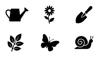 Gardening Icons Set, Vector Illustration: Watering Can, Flower, Trowel, Leaves, Butterfly, Snail © Nazmun