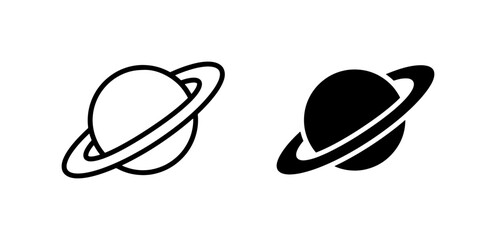 Planet Saturn Icons, Space Celestial Body Symbols, Cosmic Ringed Planet Vector Art © Mahinul