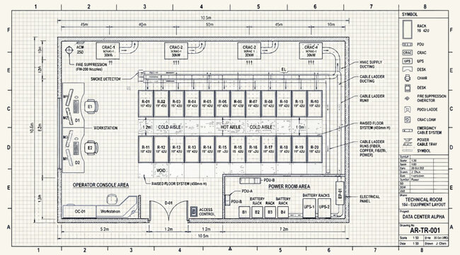Technical floor plan layout for a data center server room