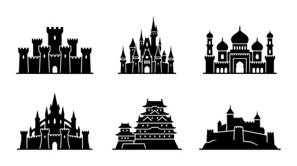Fantasy Castle Silhouettes Collection, Medieval Fortress Icons, Royal Palace Vector Set © Fariya