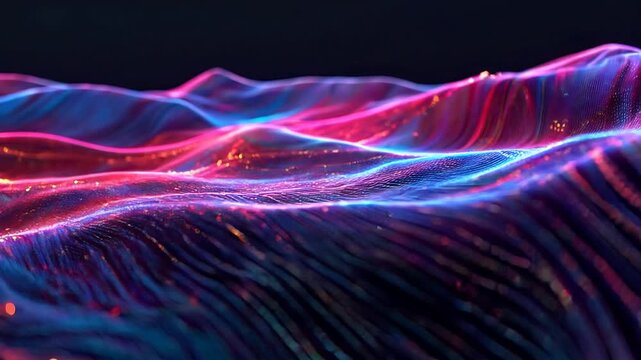 Abstract neon light wave pattern for digital landscapes, suitable for technology backgrounds, futuristic designs, and innovative concepts in creative projects.
